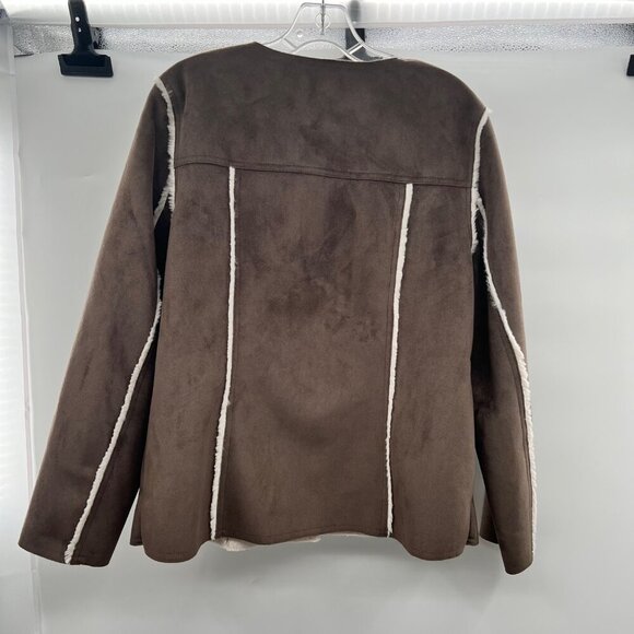 J.Jill Faux Suede Coat Faux Fur Lining Button Up Brown/Cream Size Medium - Picture 7 of 9